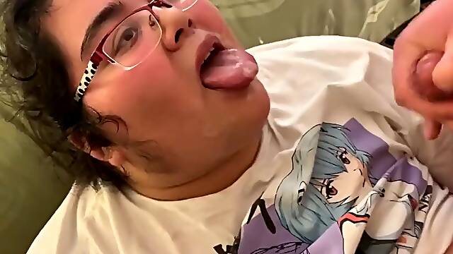 Hairy BBW sucks cocks and gets sprayed with cum