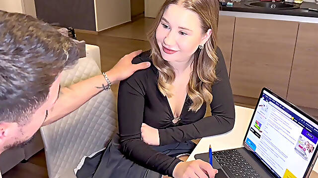 Hot English teacher in mini skirt rides my cock after private class