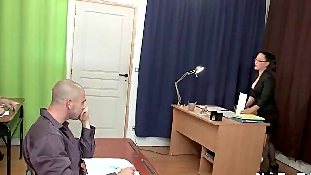 Chubby brunette student banged in 3way