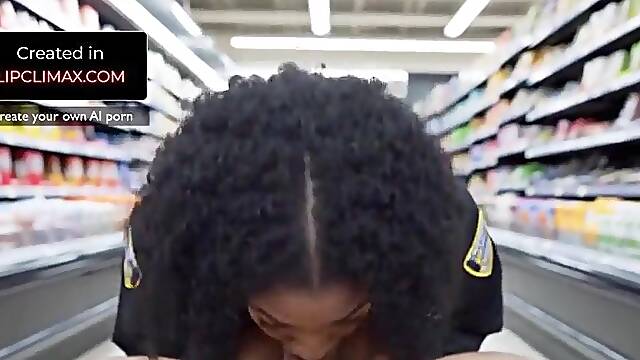 AI Generated obese black woman security guard in supermarket screwing with youthful white guy - interracial sex