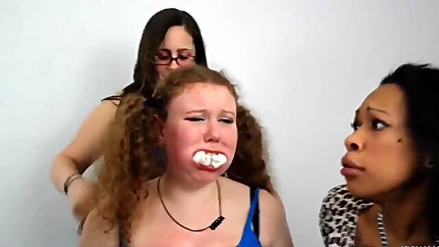 Thick Redheaded Bondage Slut Heavily Gagged By Three Lezdom Mistresses