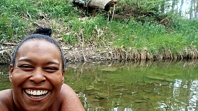 BLACK BBW GOES SKINNYDIPPING IN A STREAM