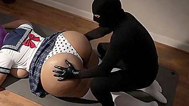 "Japanese Schoolgirl BBW Teases Huge Ass in Uniform - Masked Asian Style"