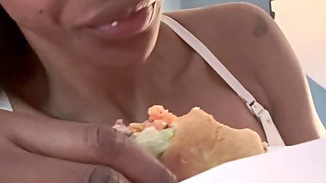 Ebony BBW Burps Loudly, Farts Silently & Shakes Fat Ass on Messy Food Stuffing – Dirty Sock Smother JOI + toilet Tease!