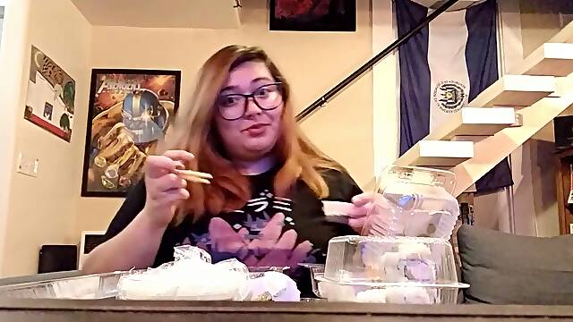 Busty Japanese bbw gets her belly stuffed in various languages!