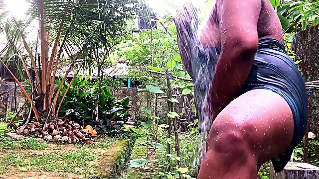 Indian desi bhabhi outside bathing wearing see through nighty and flashing neighbor