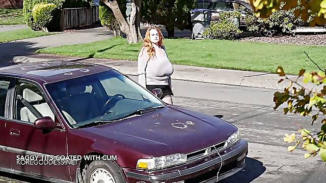 Big saggy tits coated in cum