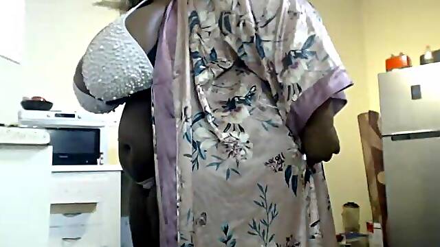 African Stepmum Stripteasing and Masturbating at Then Kitchen