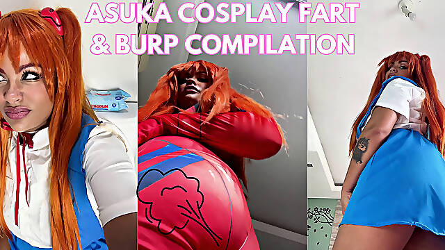 Asuka Cosplay Fart & Burp Compilation Plugsuit and Uniform Chubby Ebony