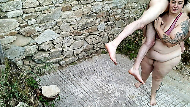 Strong BBW Lift&carry Outdoors - Shoulder Carry Blowjob & Cradle Carry Blowjob